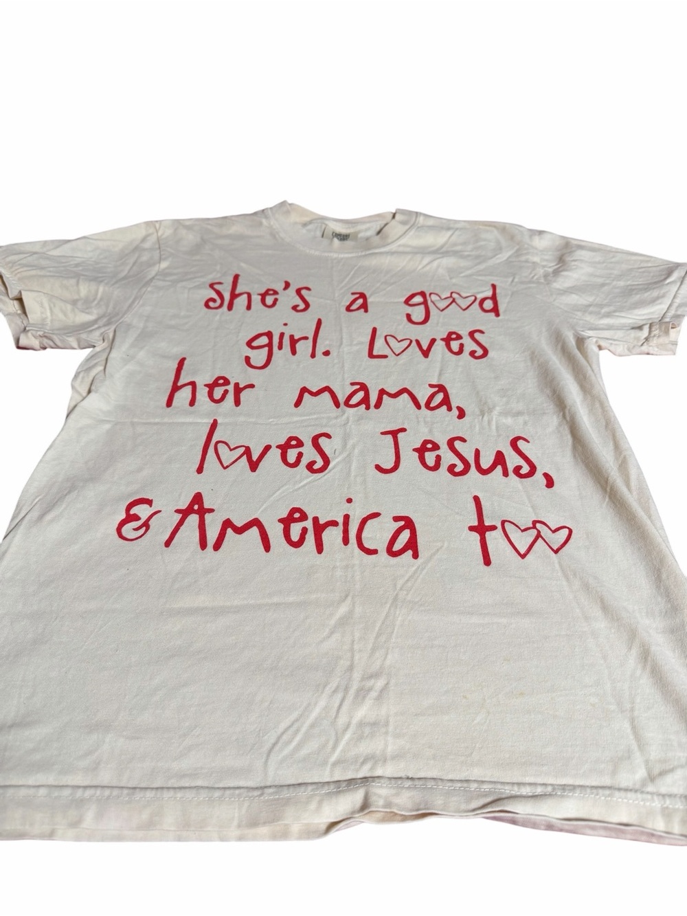 Women’s Patriotic Cream Tee with Red Script S - Picture 5 of 7